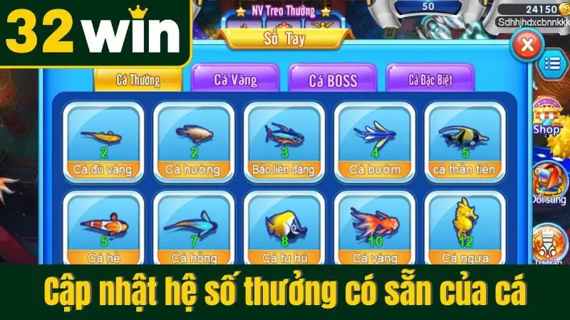 Cập nhật hệ số thưởng có sẵn của cá