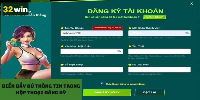 Cập nhật các thông tin trong hộp thoại chính xác để đăng ký thành công