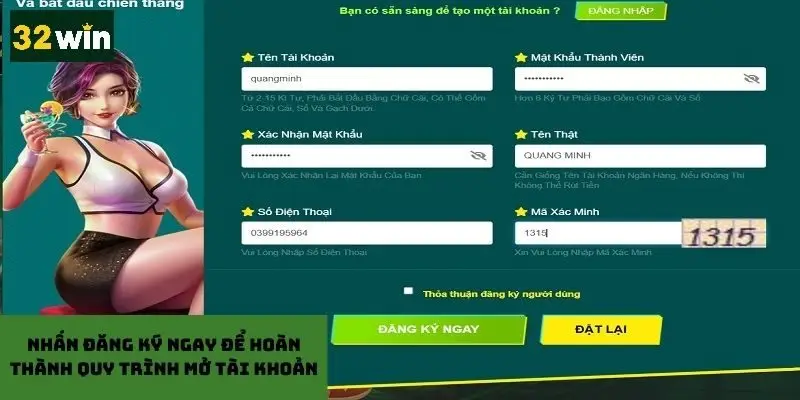 Nhấn nút đăng ký ngay để hoàn thành quy trình mở tài khoản 32win