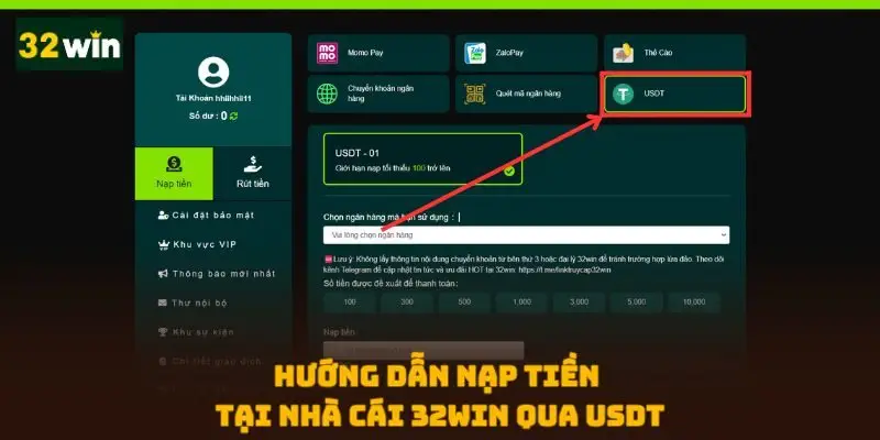Hướng dẫn nạp tiền 32WIN qua USDT