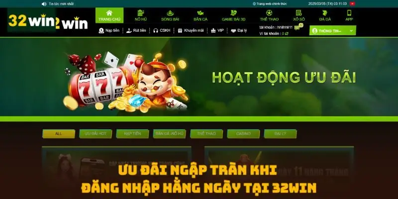 Ưu đãi ngập tràn khi đăng nhập hằng ngày tại 32WIN