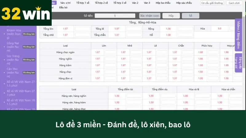 Lô đề 3 miền 32Win bắc trung nam